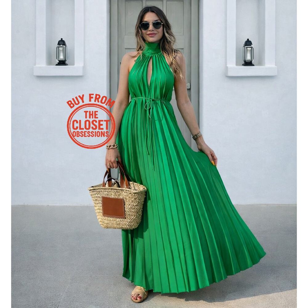 Mango NWT Emerald Green Pleated Halter Midi Dress 6 8 - Picture 10 of 16